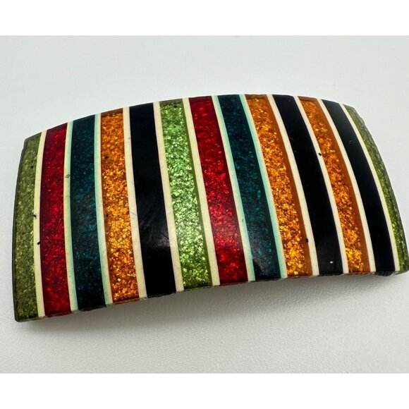 Antique 1930s multicolor rainbow striped glitter lucite celluloid brooch pin - Picture 1 of 9